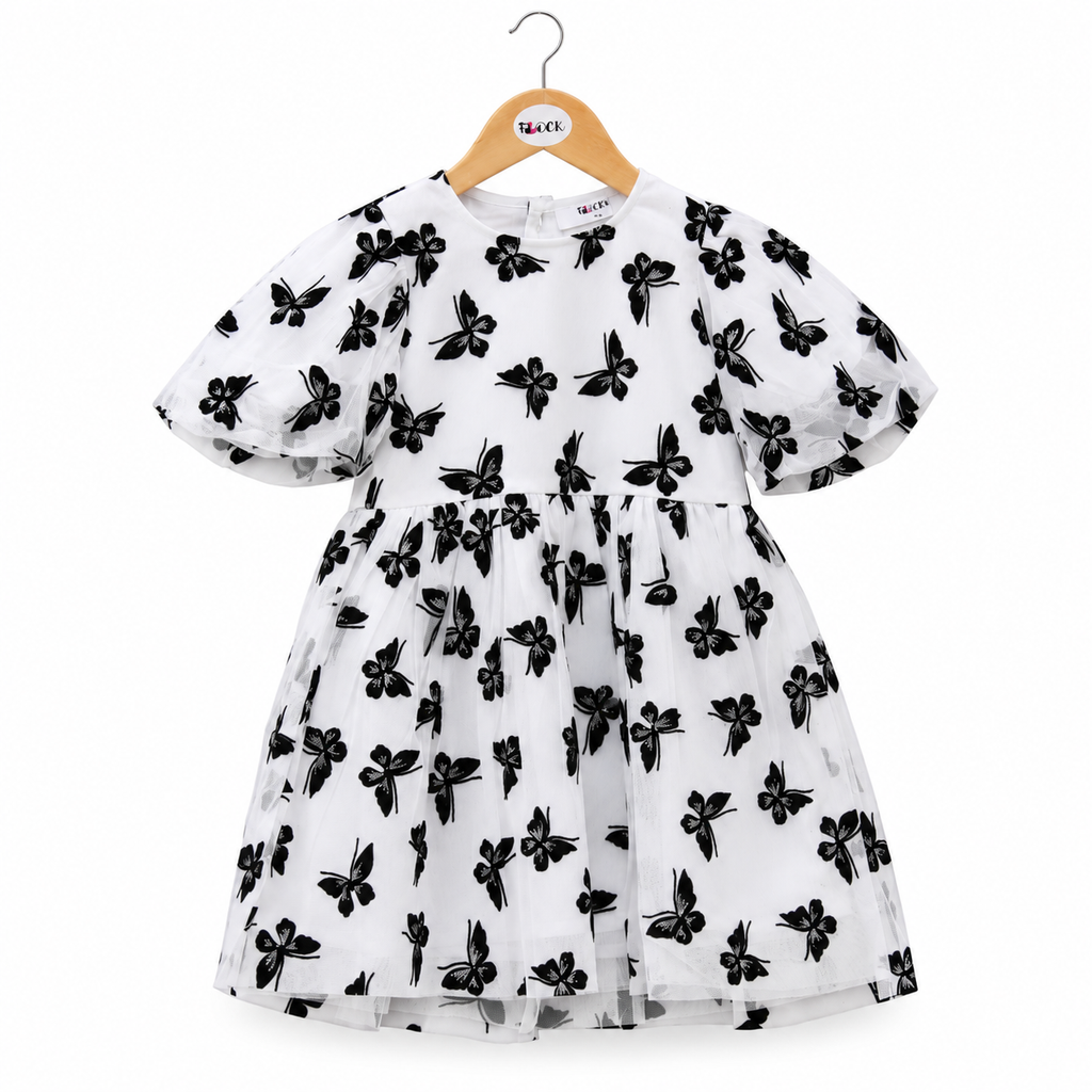Black and white butterfly embroidered dress