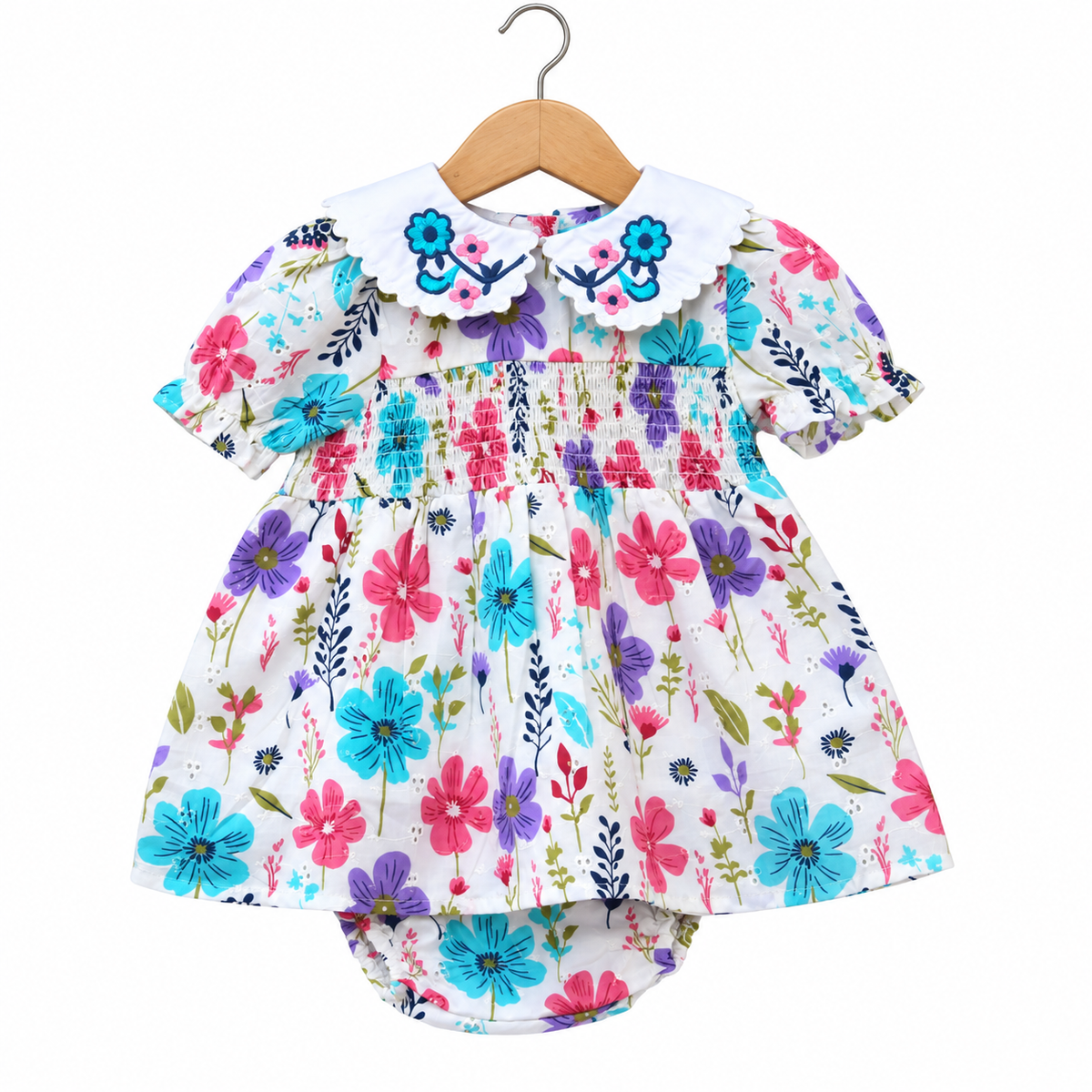 Floral Printed Cotton Frock with Embroidered Collar