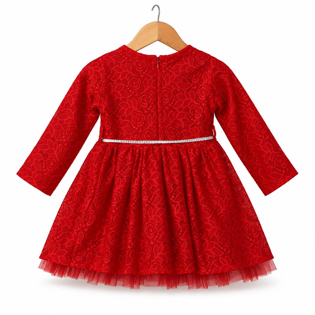 Red Long-Sleeve Lace Party Dress with Comfort Lining
