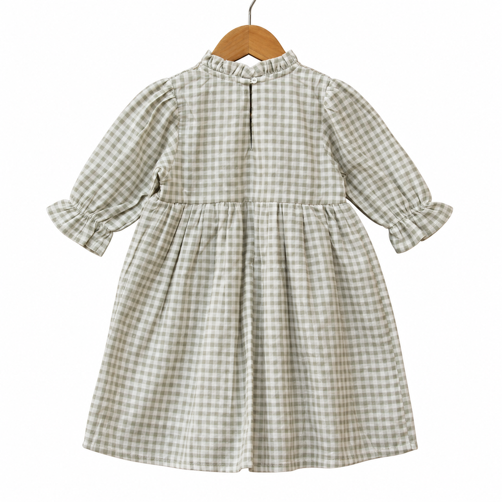 Girls Sage Green Gingham Smocked Dress with Floral Embroidery