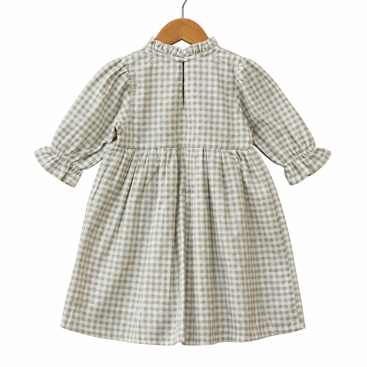 Girls Sage Green Gingham Smocked Dress with Floral Embroidery