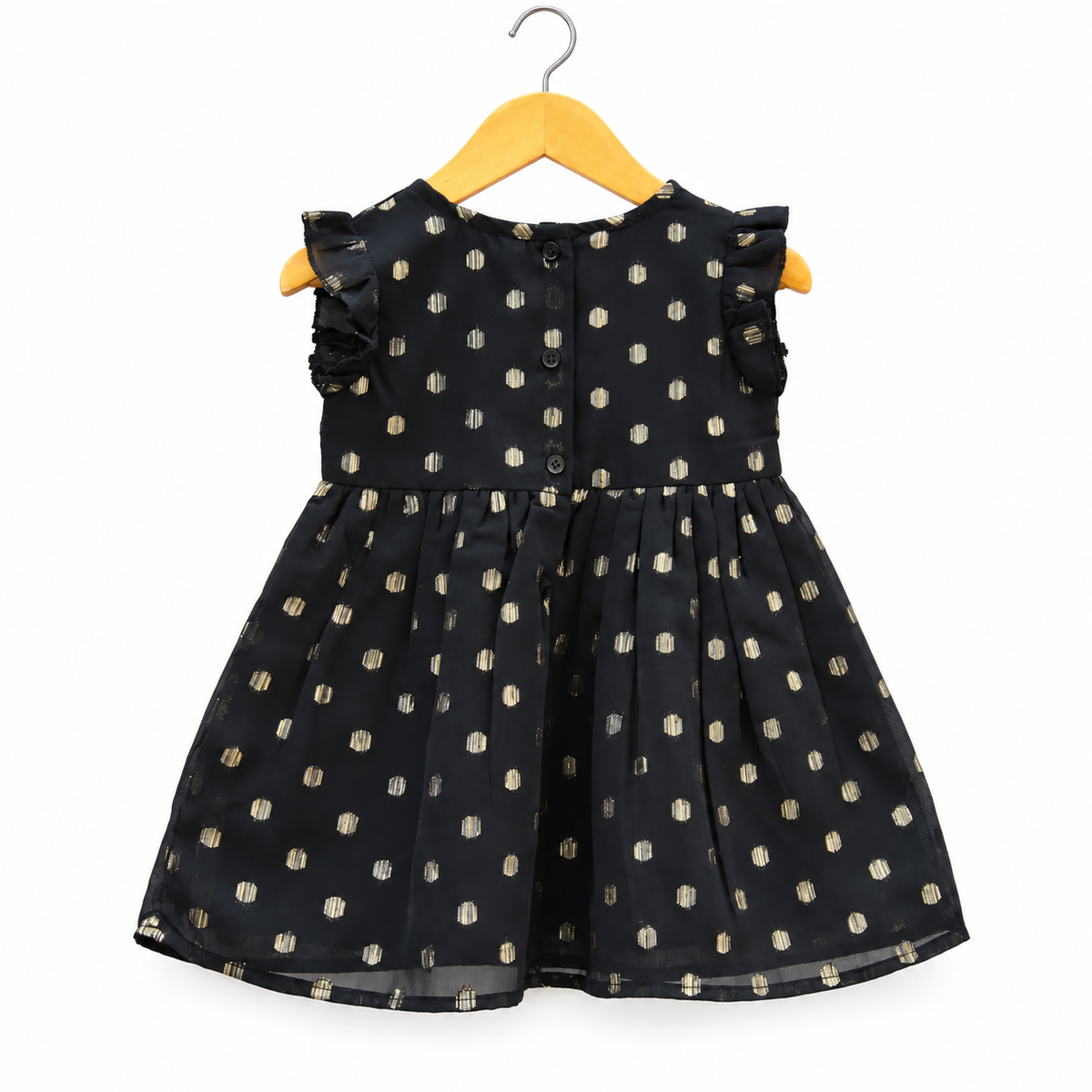 Frockwala Baby Girls Black Cotton Party Dress with Gold Polka Dots