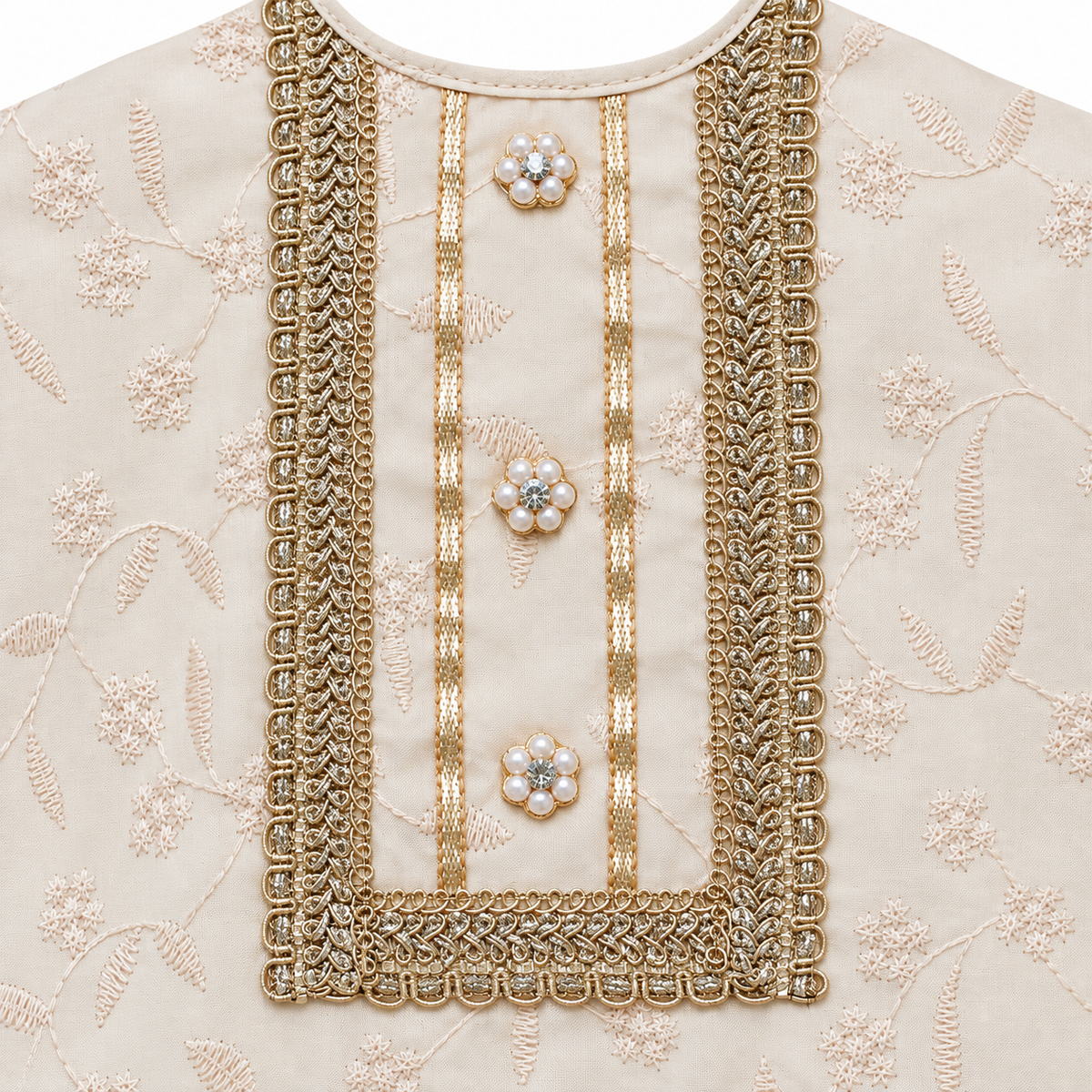 Girls Premium Cream Silk-Blend Embroidered Kurta and Sharara Set
