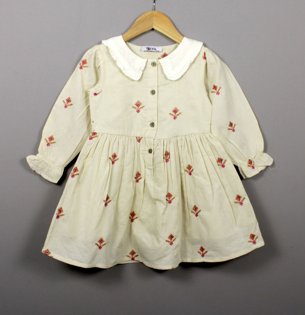 ​Cream Embroidered Cotton Frock for Baby Girls