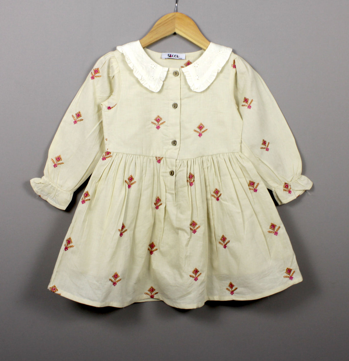 ​Cream Embroidered Cotton Frock for Baby Girls