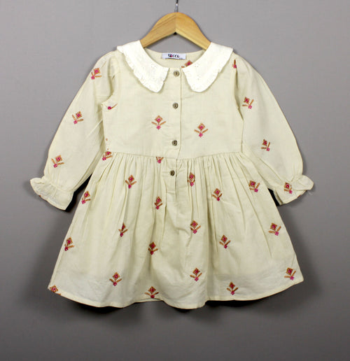 ​Cream Embroidered Cotton Frock for Baby Girls