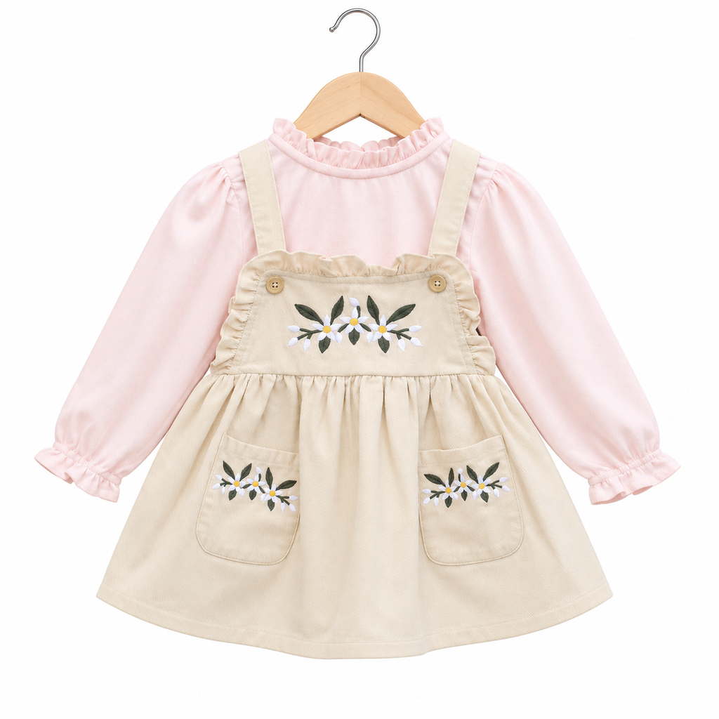 Frockwala Girls Beige Floral Embroidered Dungaree Dress