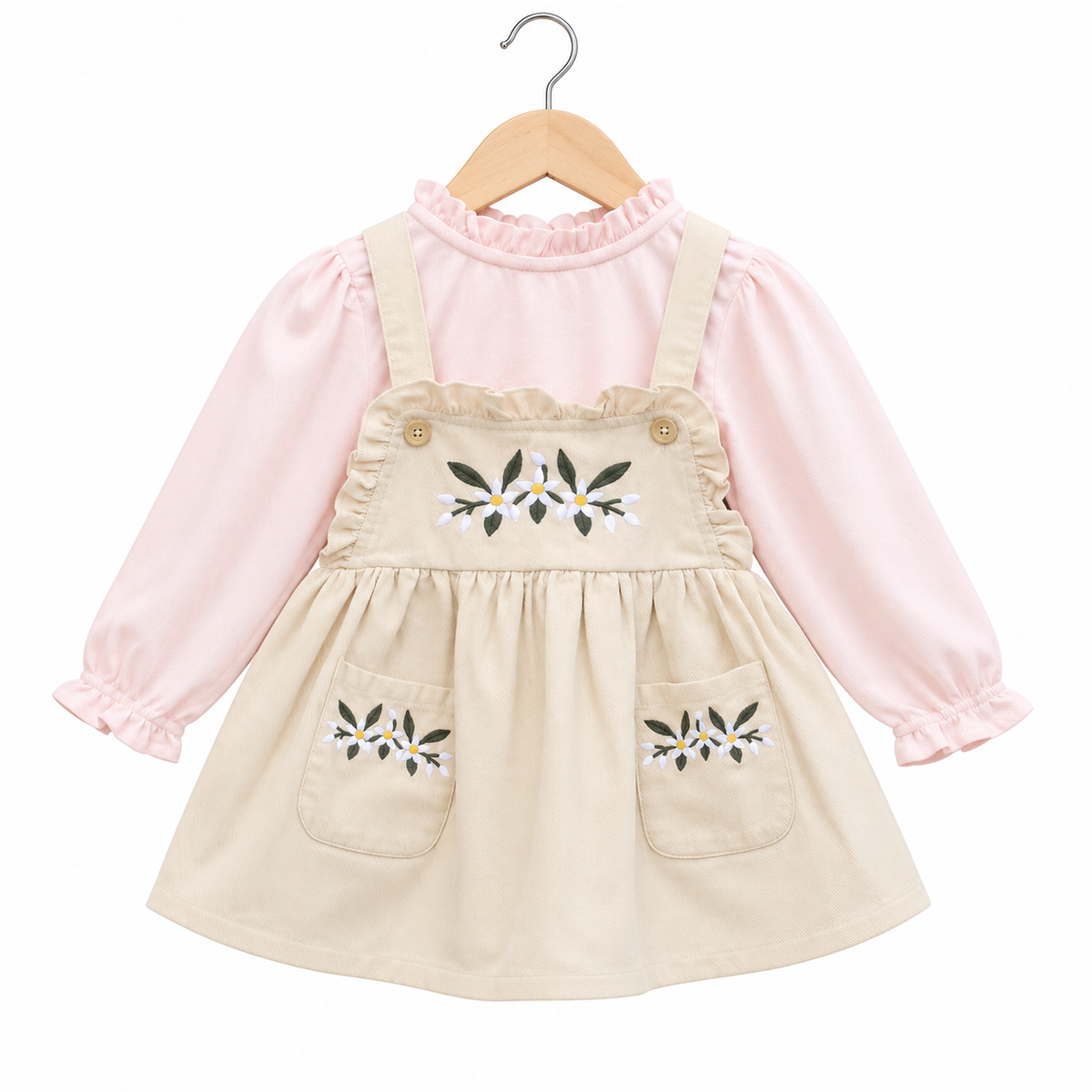Frockwala Girls Beige Floral Embroidered Dungaree Dress