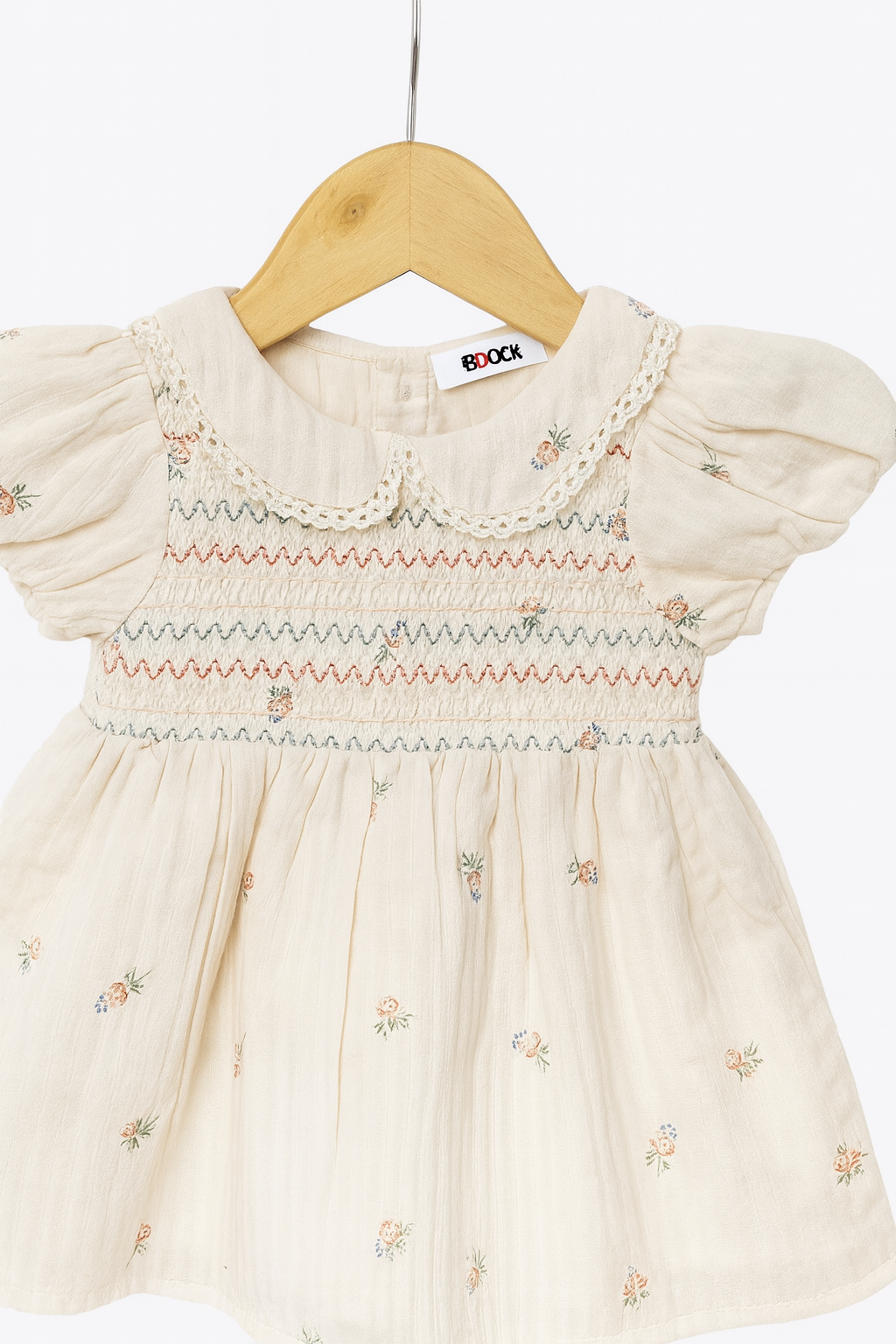 Cream Cotton Baby Frock with Lace Collar