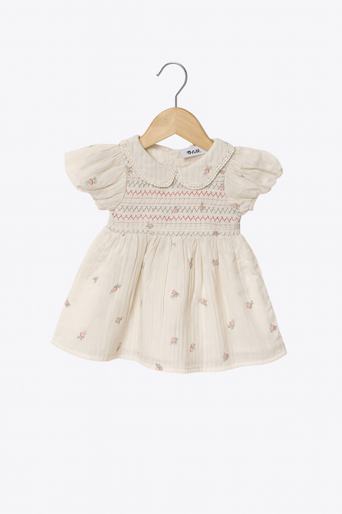 Cream Cotton Baby Frock with Lace Collar