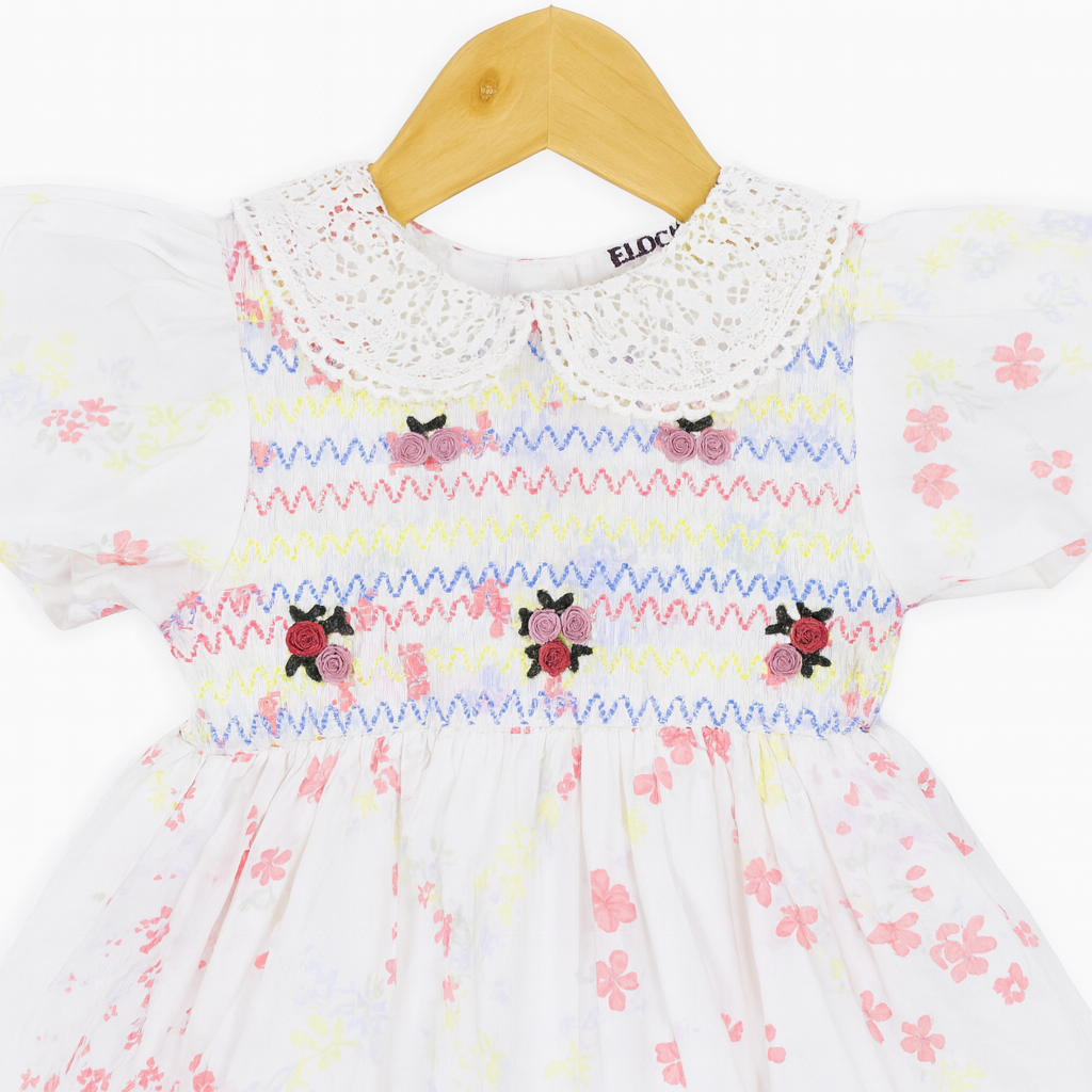 Floral Embroidered smoking Cotton Frock with Lace Collar