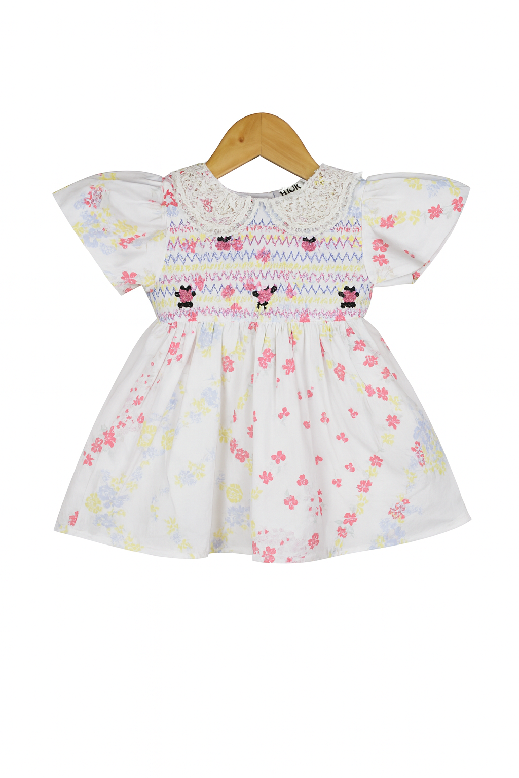 Floral Embroidered smoking Cotton Frock with Lace Collar