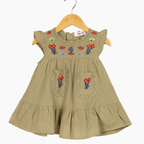 Beige Floral Embroidered Cotton Dress