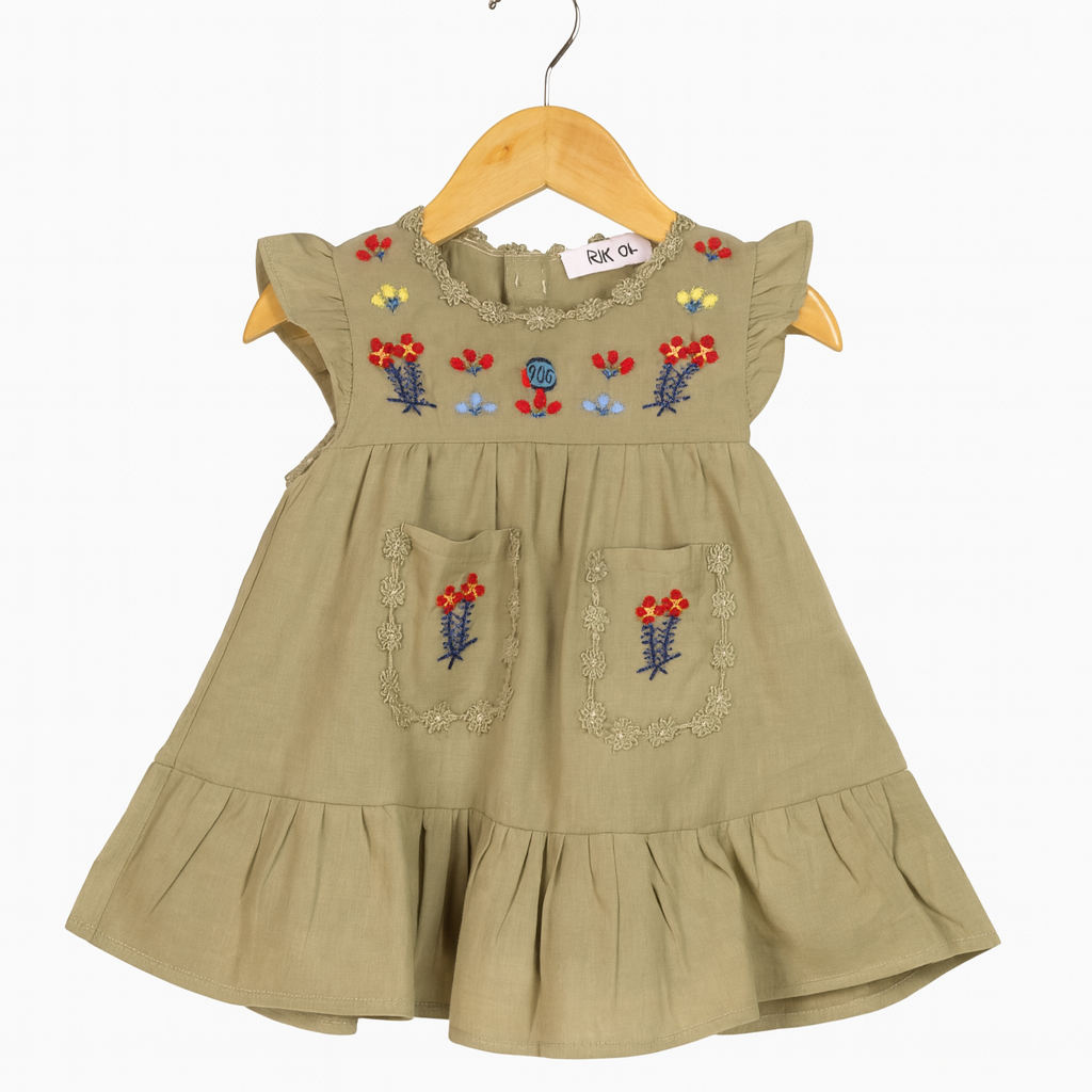 Beige Floral Embroidered Cotton Dress