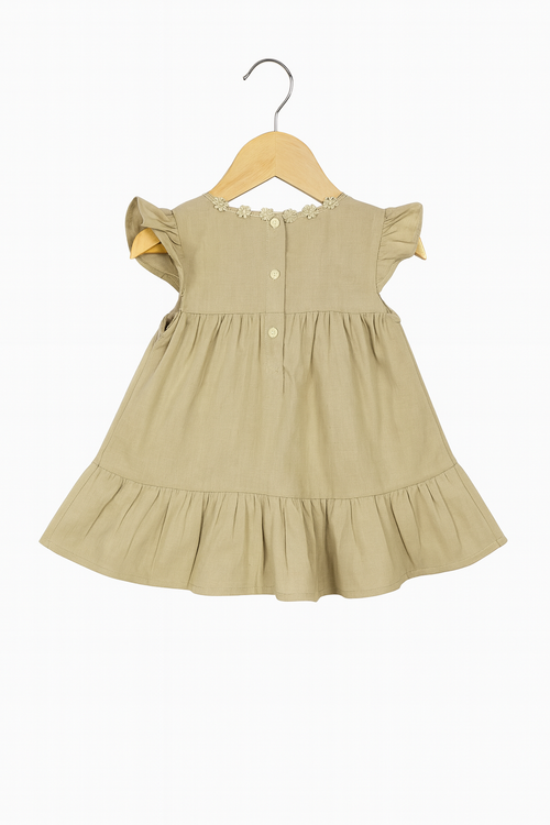 Beige Floral Embroidered Cotton Dress