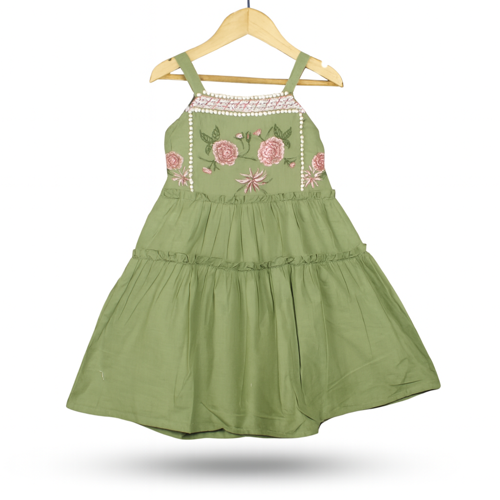 Olive Green Tiered Cotton emboridary Frock