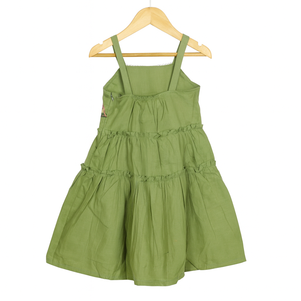 Olive Green Tiered Cotton emboridary Frock