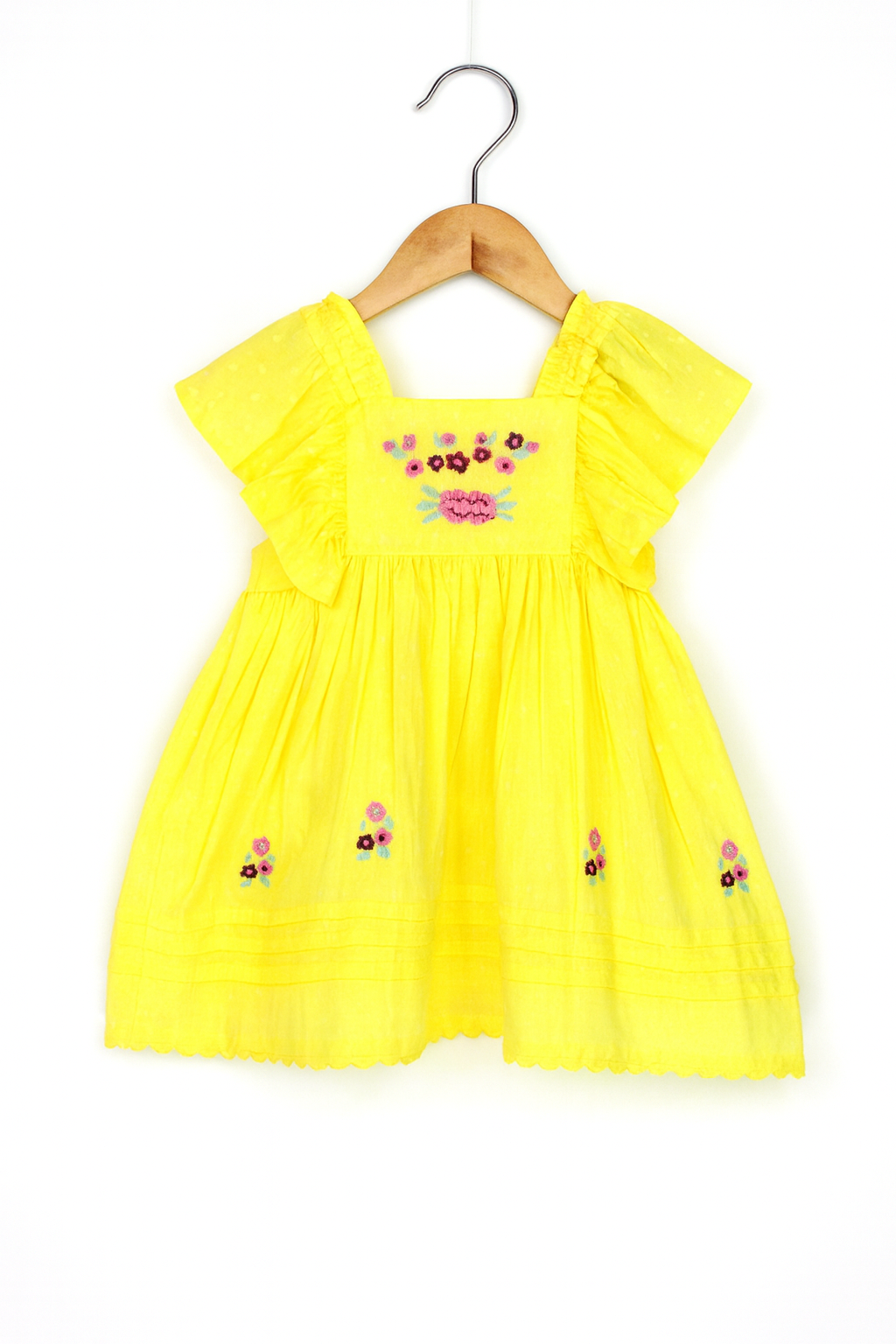 Bright Yellow Embroidered Cotton Frock for Girls