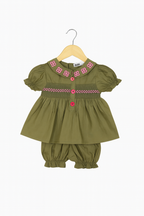 Olive Green Cotton Smocked Co-ord Set for Baby Girls