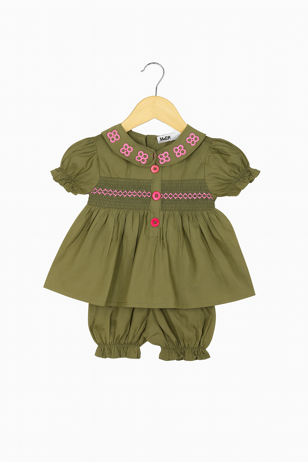 Olive Green Cotton Smocked Co-ord Set for Baby Girls