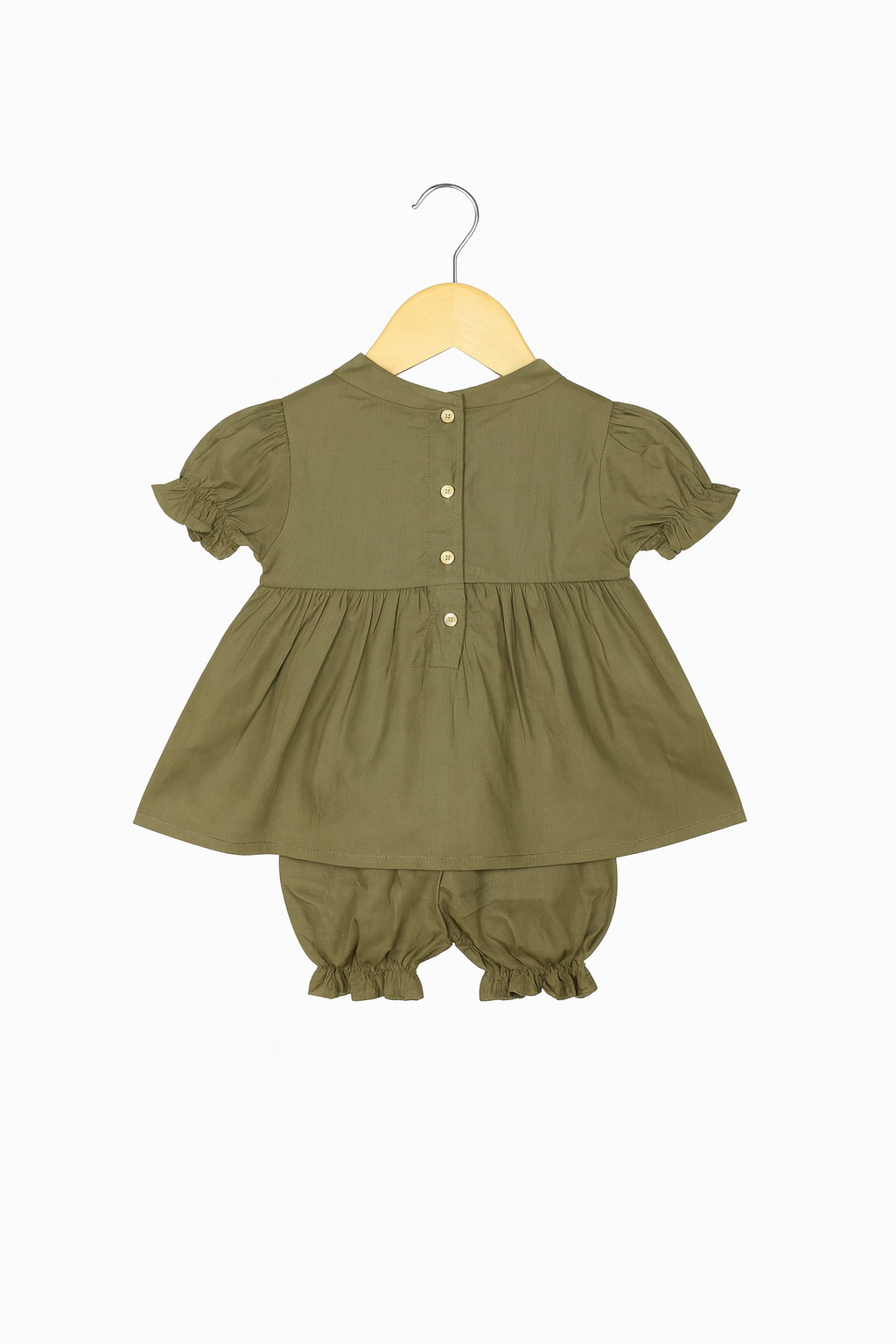 Olive Green Cotton Smocked Co-ord Set for Baby Girls