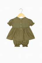 Olive Green Cotton Smocked Co-ord Set for Baby Girls
