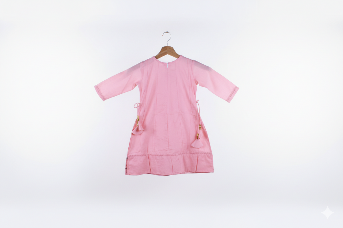 Peach Pink Embroidered Cotton Frock with payjama