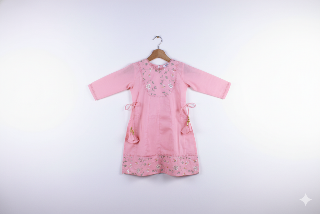 Peach Pink Embroidered Cotton Frock with payjama