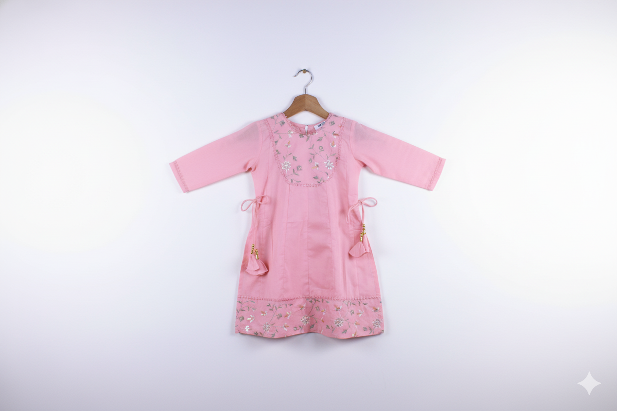 Peach Pink Embroidered Cotton Frock with payjama