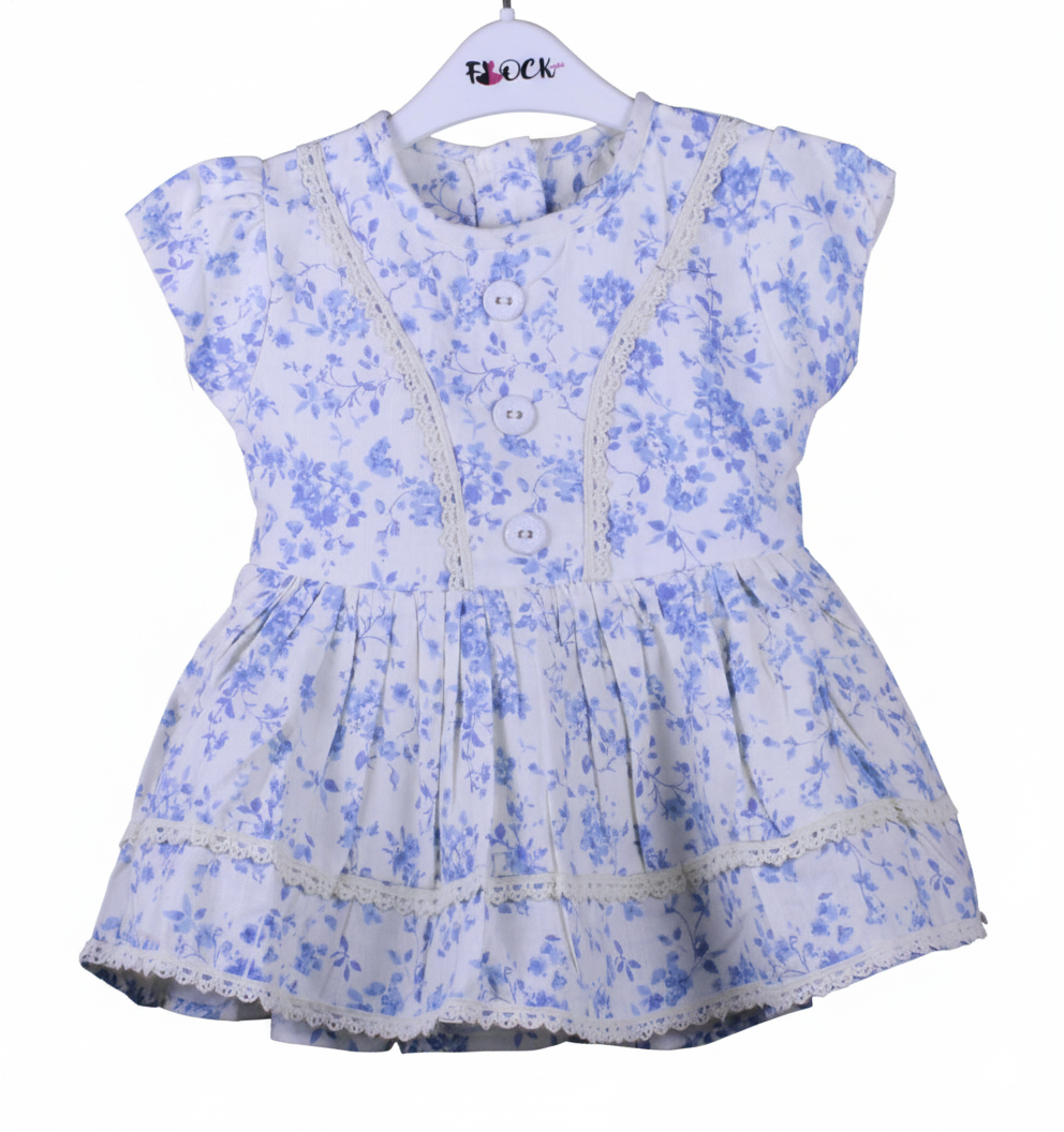 Baby Girls’ Blue Floral Cotton Frock with Lace Detailing