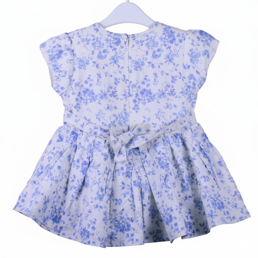 Baby Girls’ Blue Floral Cotton Frock with Lace Detailing