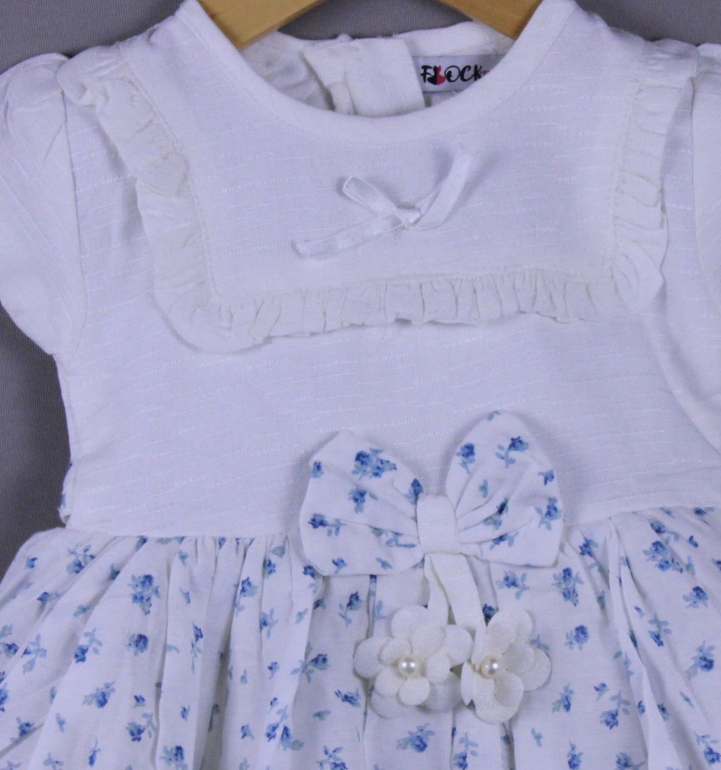 Baby girls white floral cotton frock with bow - side view