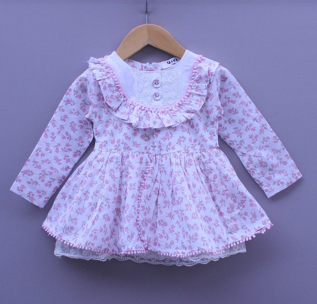 Floral Printed Cotton Frock with Frill Neck