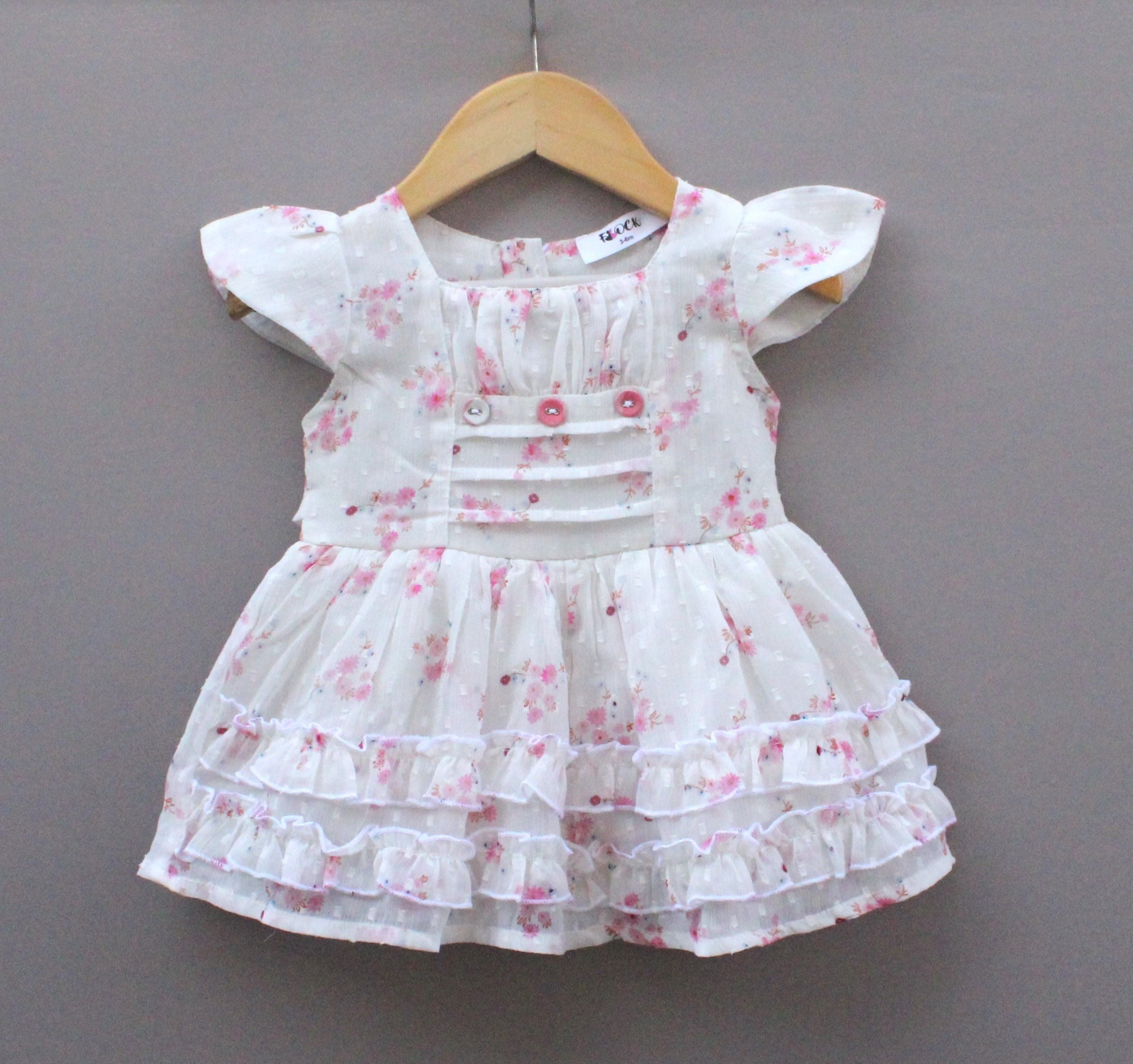 Baby Girls White Floral with Ruffle Hem & Button Detailing