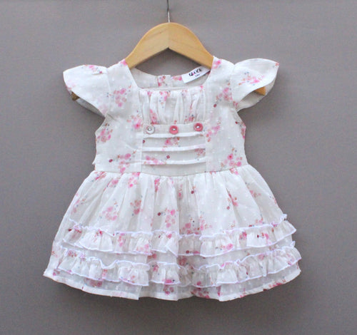 Baby Girls White Floral with Ruffle Hem & Button Detailing