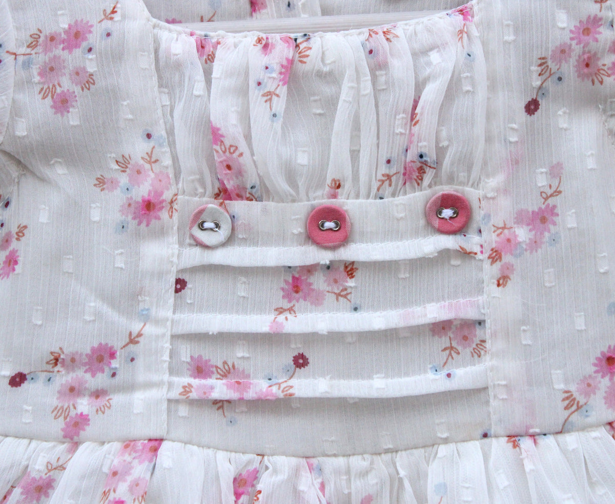 Baby Girls White Floral with Ruffle Hem & Button Detailing