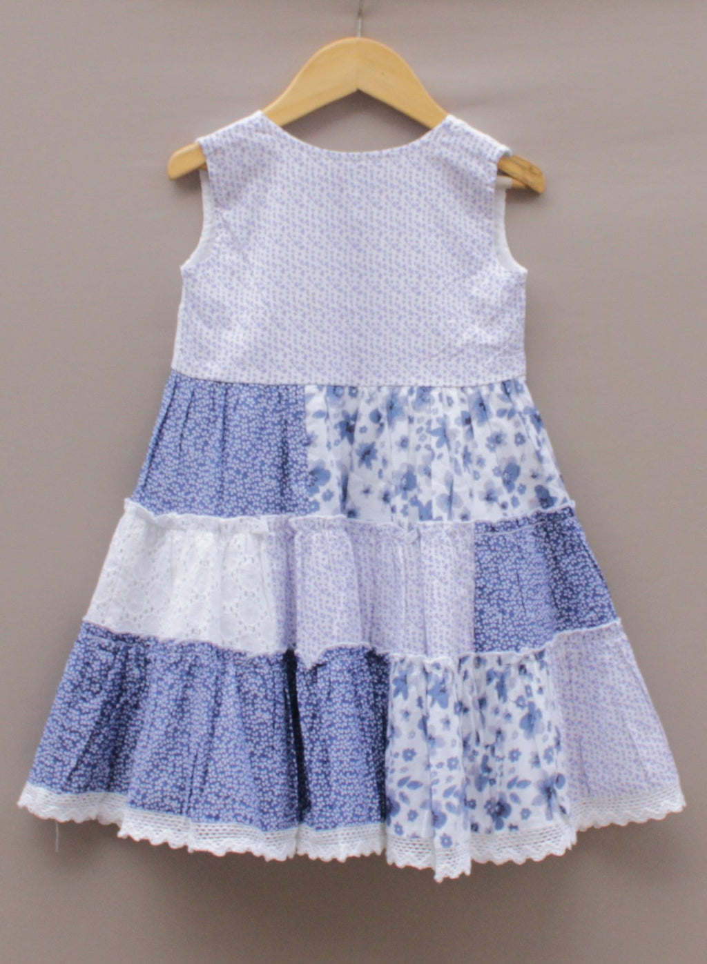 Blue & White Floral Patchwork Cotton Frock