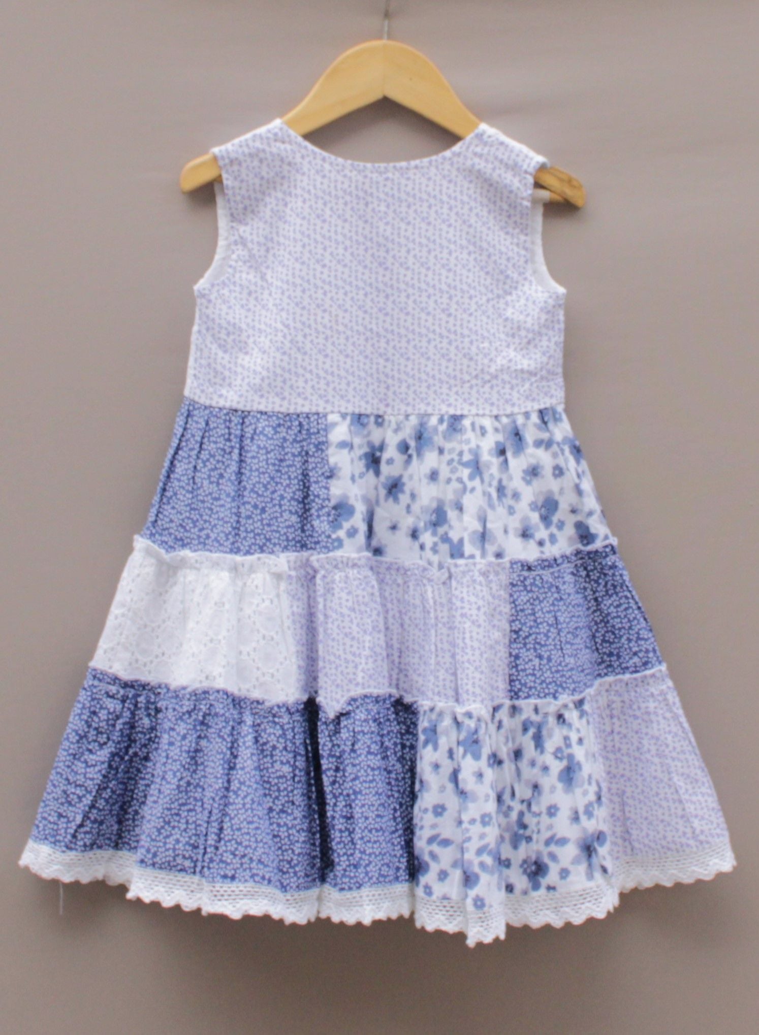 Blue & White Floral Patchwork Cotton Frock