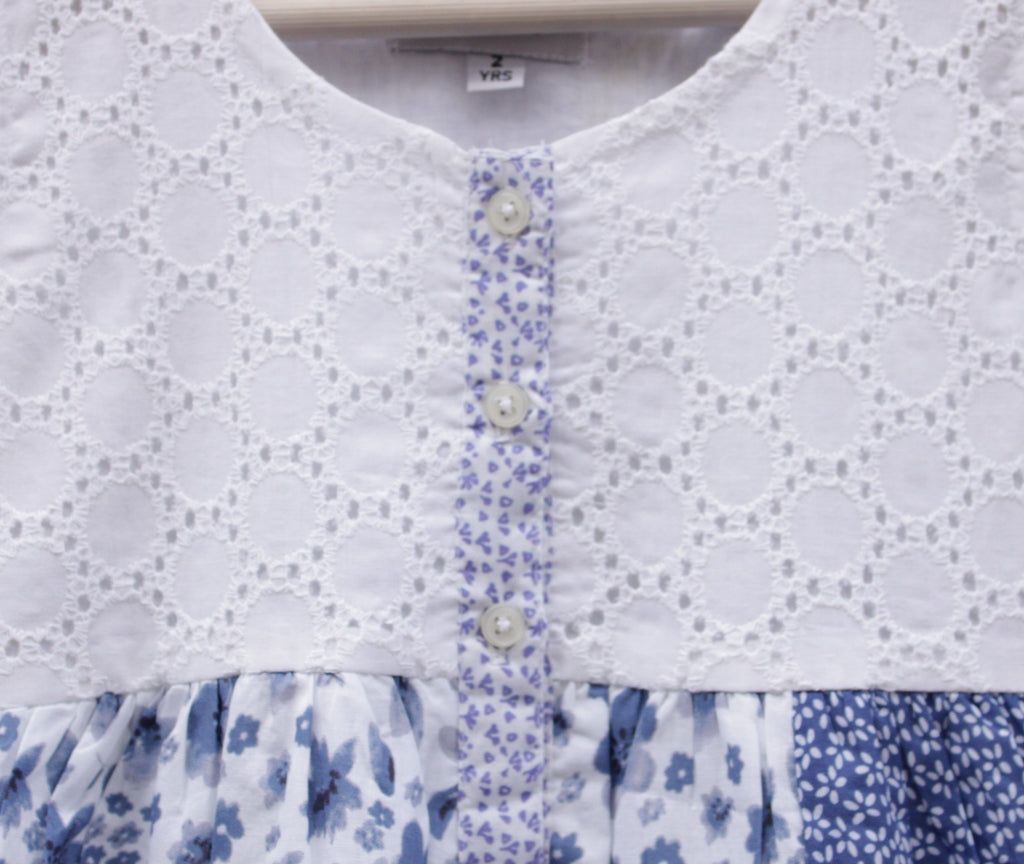 Blue & White Floral Patchwork Cotton Frock