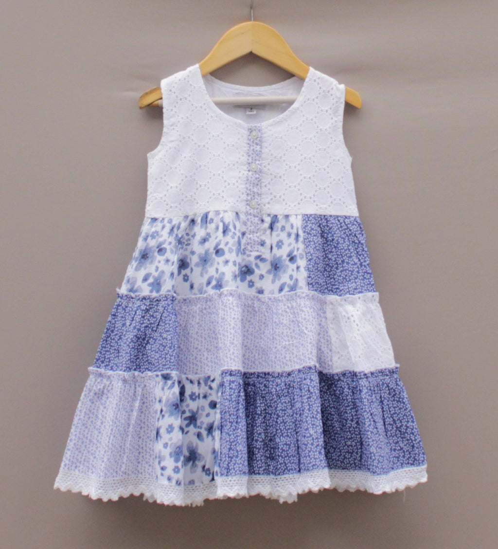 Blue & White Floral Patchwork Cotton Frock