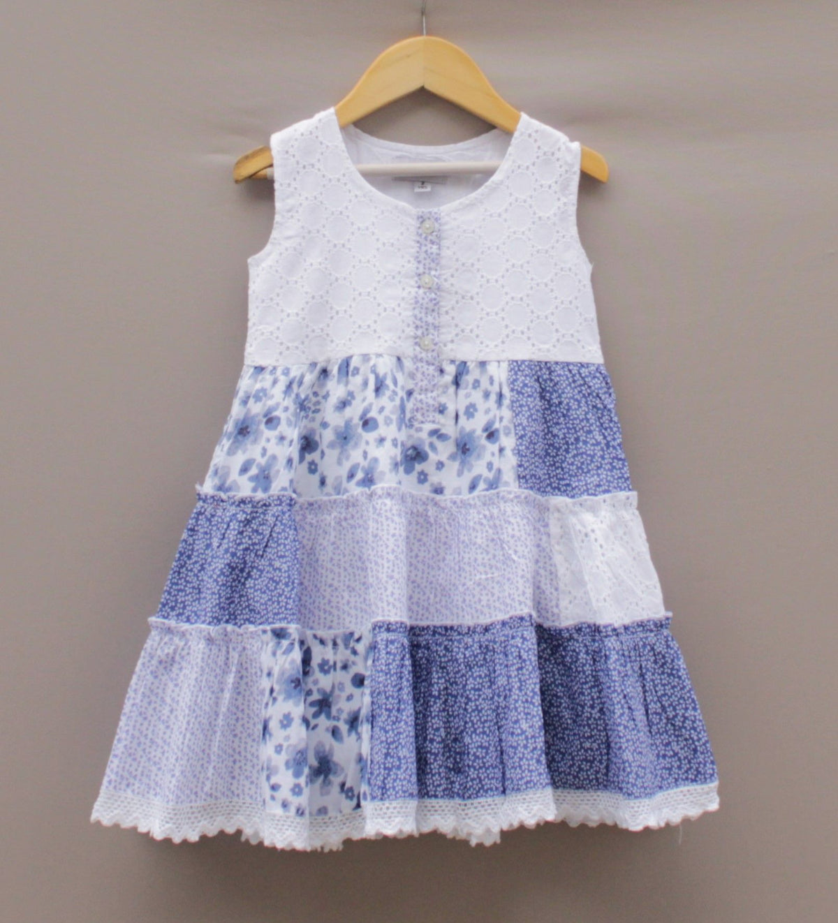 Blue & White Floral Patchwork Cotton Frock