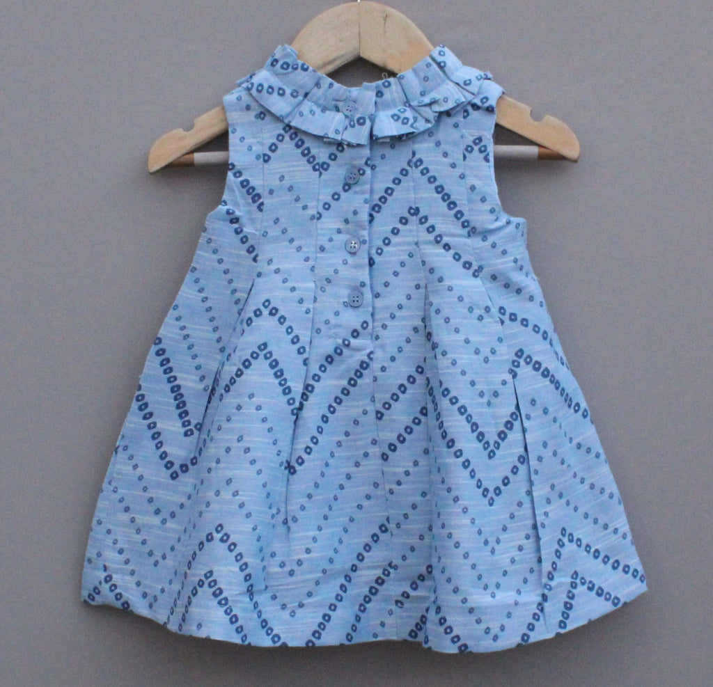 Light Blue Printed Sleeveless Pleated Frock for Girls