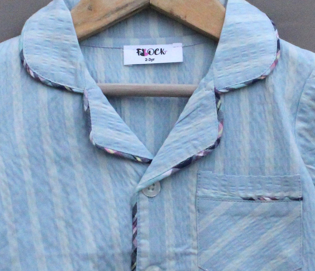 Light Blue Striped Cotton Night Suit for girls