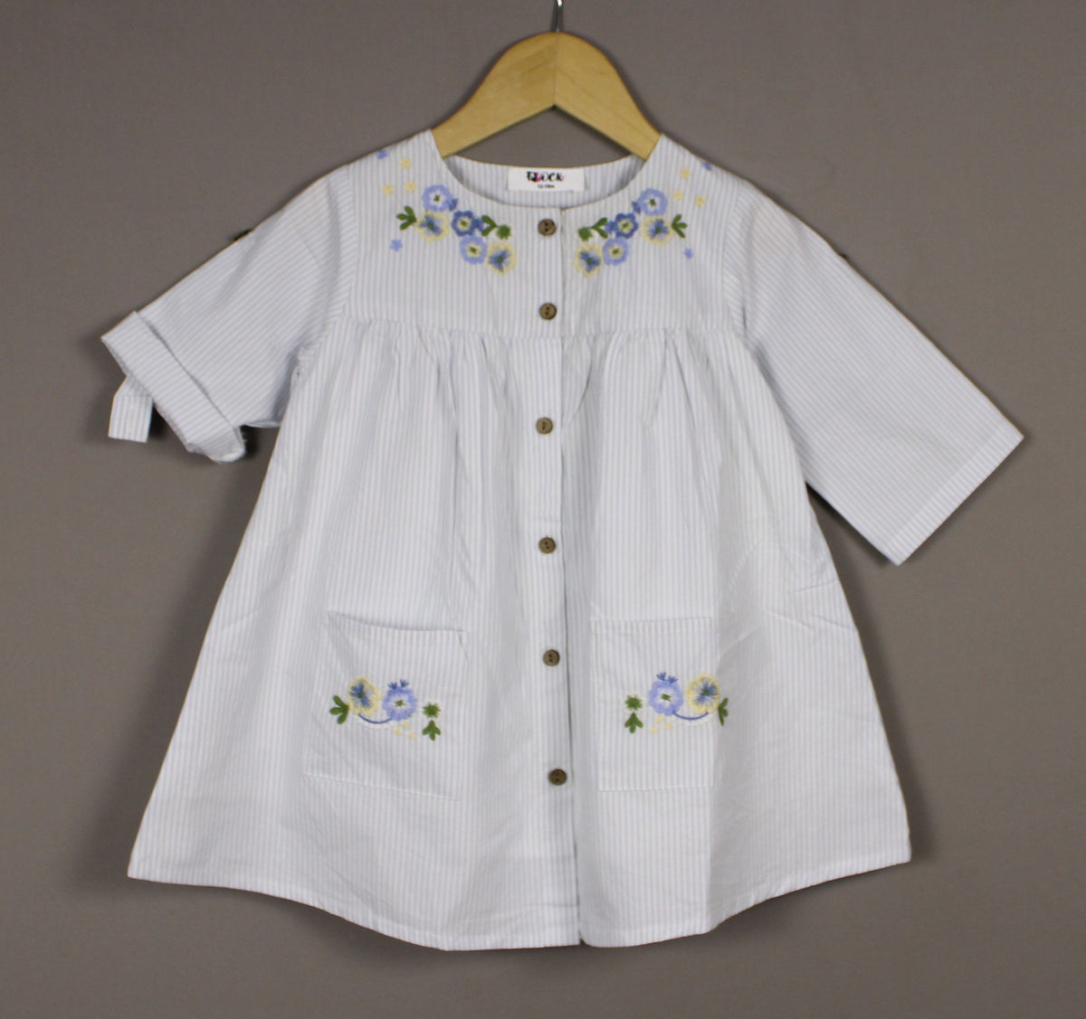 Light Blue Striped Cotton Dress – Embroidered Button-Down Frock