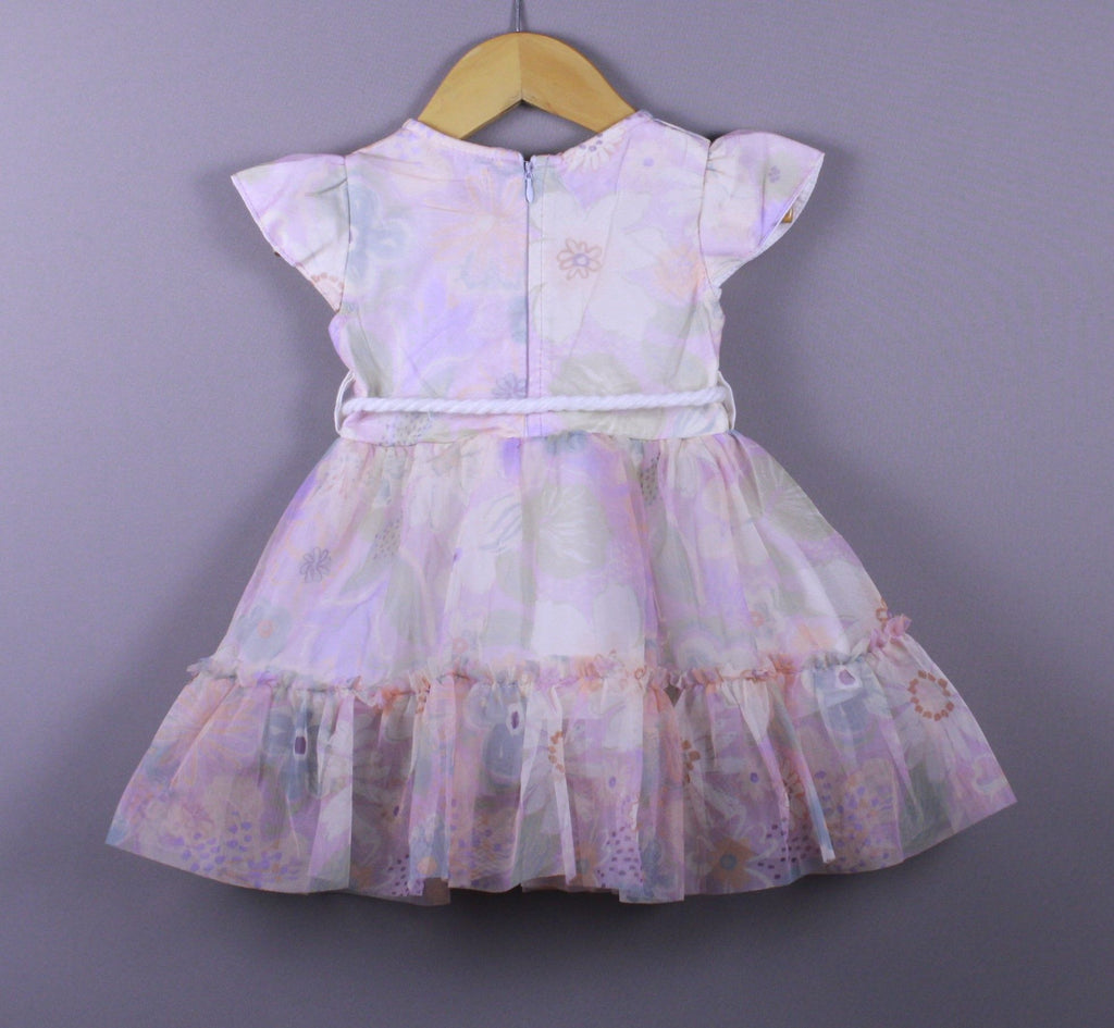 Pastel Floral Net Frock with Rope Belt and Lace Appliqué for Girls