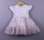 Pastel Floral Net Frock with Rope Belt and Lace Appliqué for Girls