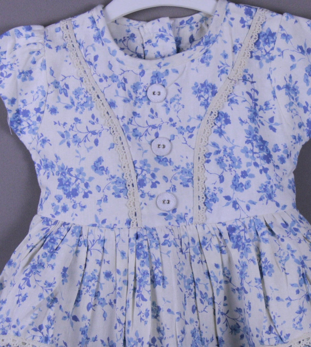 Blue Floral Printed Cotton Frock with Lace Detailing