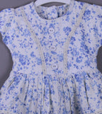Blue Floral Printed Cotton Frock with Lace Detailing