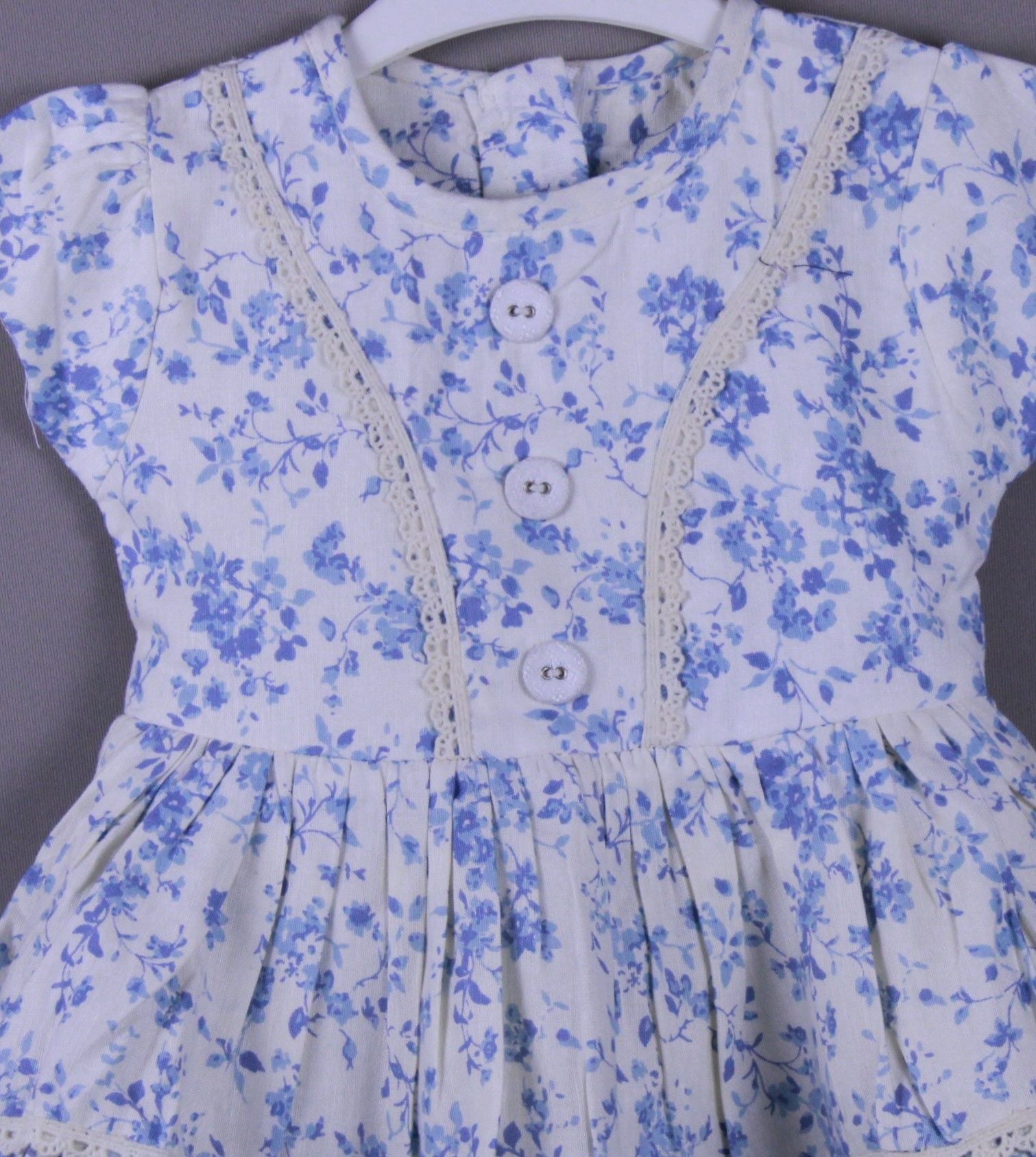 Blue Floral Printed Cotton Frock with Lace Detailing