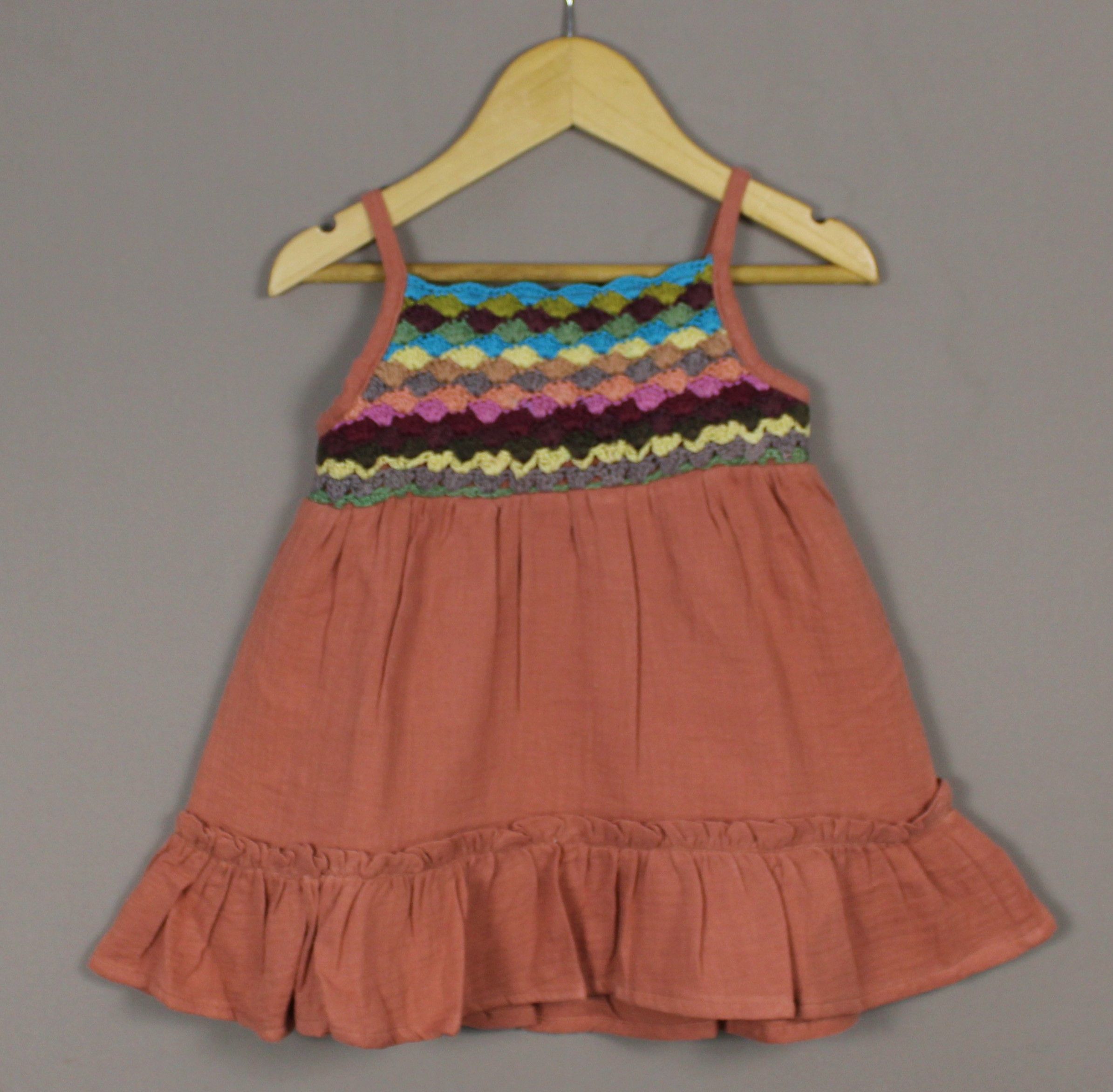 Girls Terracotta Cotton Dress with Crochet Yoke